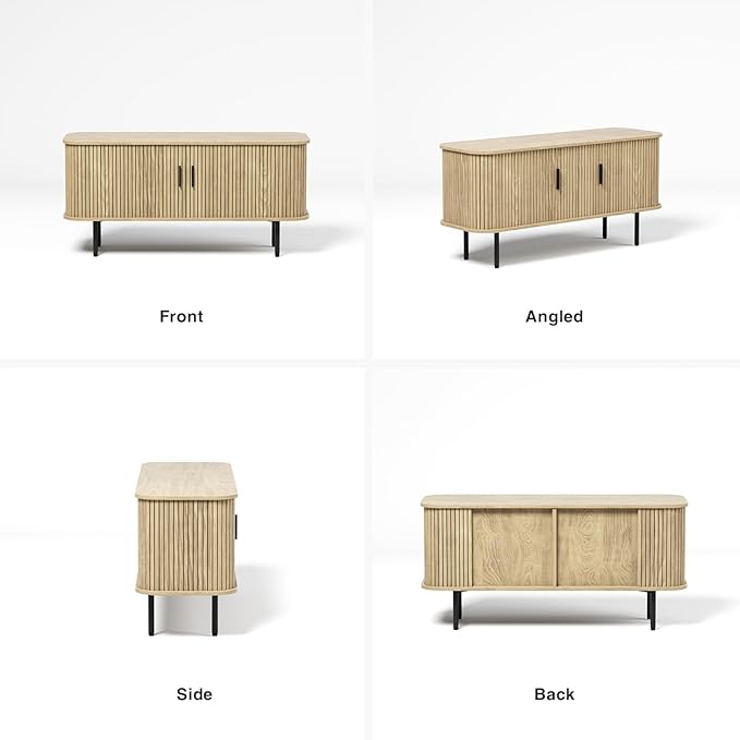 47''W Natural Storage Cabinet, Media Console, Tambour TV Stand; Sliding Door, Fluted Cabinet, Buffet Sideboard, Credenza, Table Stand for Living Room, Kitchen