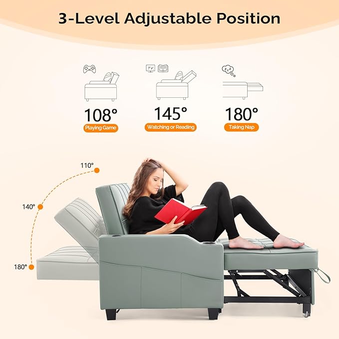 VINGLI Light Green Futon Sofa Bed Convertible Loveseat Sleeper Couch, Faux Leather Pullout Sofa Fold Out Couch Bed with USB Ports, Cup Holders, Armrest for Living Room, Bedroom Apartment Room