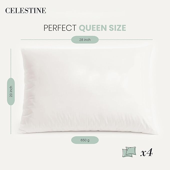 Celestine Queen Size Pillows Set of 4 – Soft Down Alternative Microfiber Filling, Plush White 20x28 Bed Pillows for Side and Back Sleepers, Breathable, Supportive, Machine Washable Pillow Set