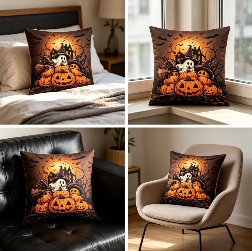 Halloween Throw Pillow Covers, 18x18 Inch, Ghost Pumpkin and Bat Design - Image 6