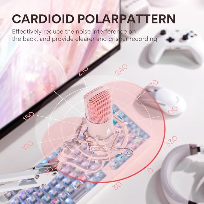 MAONO USB Microphone, 192kHz/24bit Plug & Play PC Computer Podcast Condenser Cardioid Metal Mic Kit with Professional Sound Chipset for Recording, Gaming, Singing, YouTube, AU-A04 Pink