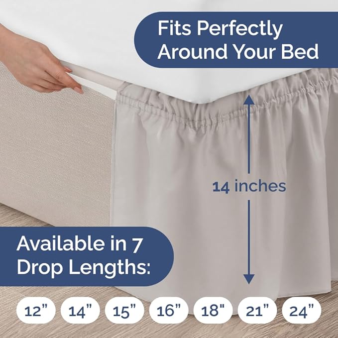 Wrap Around Dust Ruffle Bed Skirt - Light Grey - for Full Size Beds w/ 14 Inch Drop - Easy Fit Elastic Strap - Adjustable Pleated Bedskirt with Brushed Fabric, Wrinkle Free Women, Men, Kids and Teens