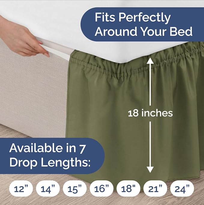 Wrap Around Dust Ruffle Bed Skirt - Sage Green - Twin/Twin XL Size Beds with 18 Inch Drop - Elastic Strap - Adjustable Pleated Bedskirt with Brushed Fabric and Wrinkle Free - Women, Men, Kids & Teens