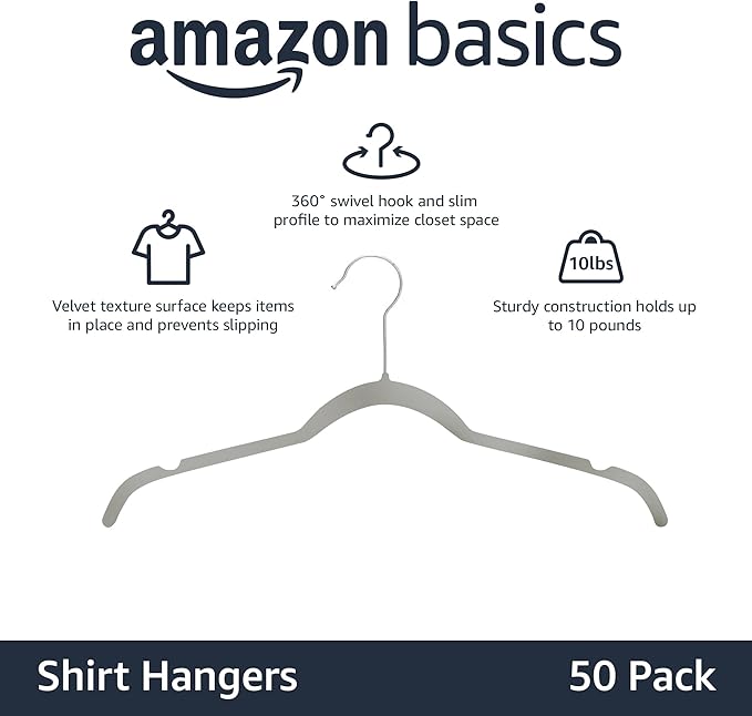Amazon Basics Slim, Velvet, Non-Slip Shirt Clothes Hangers, Gray/Silver - Pack of 50