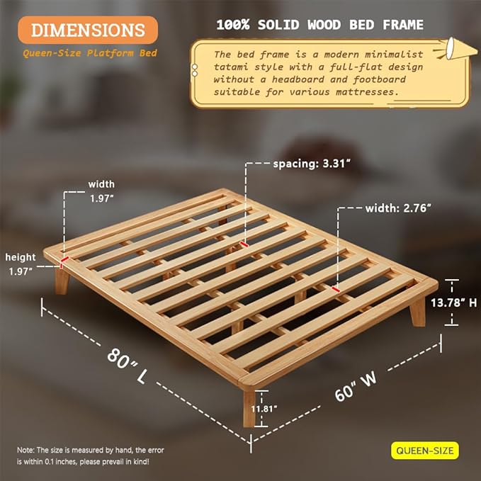 Queen Platform Bed Base - 14 Inch Solid Wood Mattress Foundation with Support Slats and Legs, Queen-Size Rubberwood Simple Bed Frame