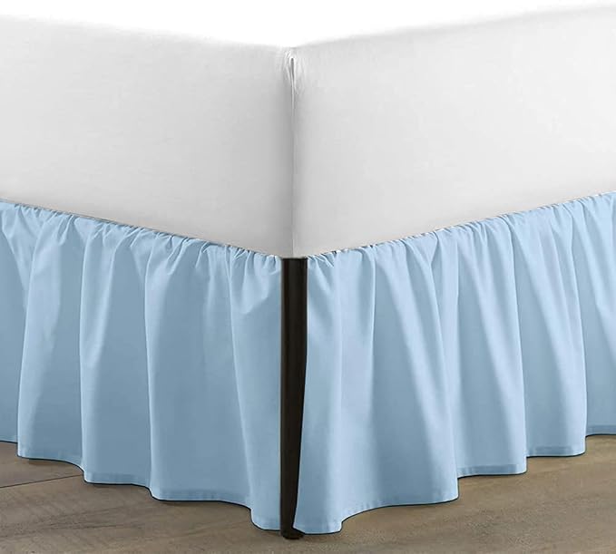SKY BEDDINGS - Queen Size Ruffled Bed Skirt with Split Corners - 18 Inch Drop Dust Ruffle Bed Skirt with Platform Three Sided Coverage - 100% Microfiber, Light Blue
