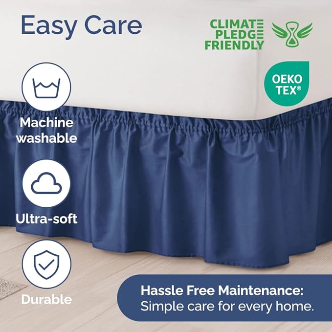 Wrap Around Dust Ruffle Bed Skirt - Navy Blue - for Twin Size Beds w/ 14 Inch Drop - Easy Fit Elastic Strap - Adjustable Pleated Bedskirt with Brushed Fabric, Wrinkle Free Women, Men, Kids and Teens