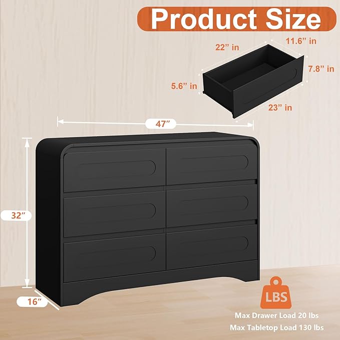 3 Piece Bedroom Set, Dresser and Nightstand Sets for Bedroom, Wood 6 Drawer Dresser & Night Stand Set of 2, Wide Chest of Drawers Modern Storage Cabinet Bedroom Furniture Set (Black)