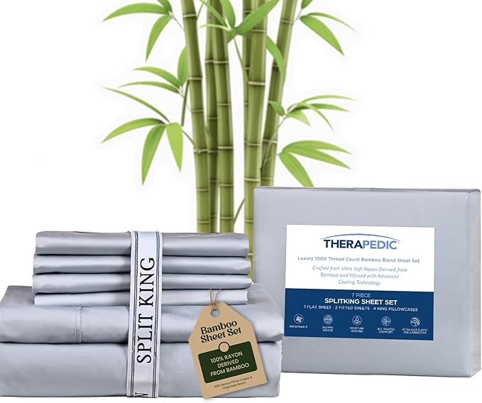Therapedic 1000TC Split King 7-Piece Sheet Set - 100% Organic Rayon Dervied from Bamboo Blend with Cooling Fiber, Ideal for Hot Sleepers - 16" Deep Pocket Fitted Sheet, Bonus Pillowcases - Light Blue