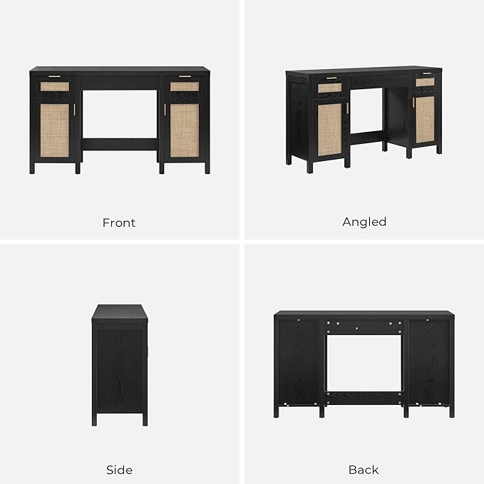 SICOTAS 2 Pieces Rattan Vanity Home Office Desk - Big Boho Makeup Vanities Benches with Drawers & Storage Cabinets, Dressing Vanity Table for Makeup Room, Bedroom, Home Office, Black Oak