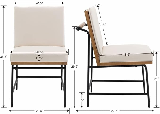 Modern Dining Chairs Set of 2, Comfy PU Leather Armless Side Chairs with Backrest Wooden Upholstered Seat Black Metal Legs for Dining Room Living Room, Beige