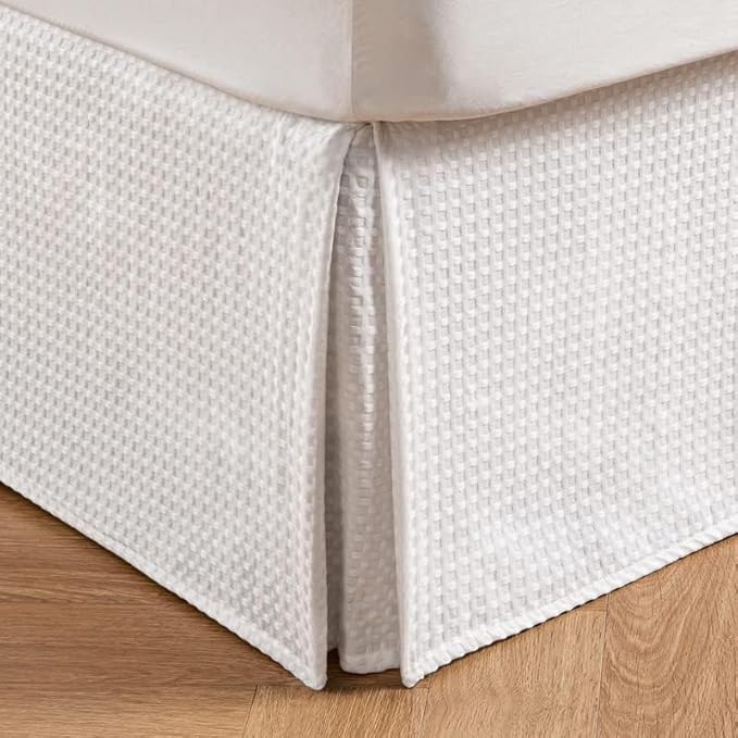 MIYE Pleated Waffle Weave Bed Skirt, Tailored Dust Ruffle 22 Inch Drop Easy Fit, Machine Washable (White, Queen - 22" Drop)
