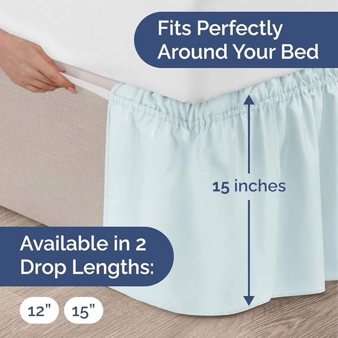 Wrap Around Dust Ruffle Bed Skirt - Ice Blue - for Full Size Beds w/ 15 Inch Drop - Easy Fit Elastic Strap - Adjustable Pleated Bedskirt w/Brushed Fabric - Wrinkle Free - for Women, Men, Kids & Teens