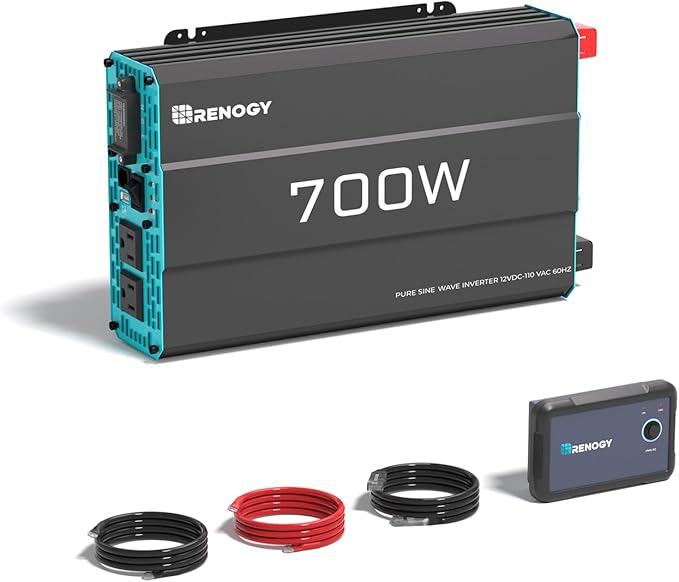 Renogy Inverter P2 700 watt Pure Sine Wave Inverter, Solar Car Power Inverter 12V to 120V AC Converter for RV, Truck, Camping, Home Backup, Outdoor, Emergency, Off-Grid Living, 16.4FT Remote Control