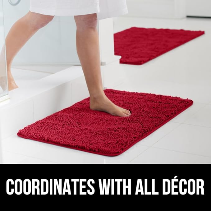 GORILLA GRIP Bath Rug Mat 36x24, Thick Soft Absorbent Chenille, Quick Dry Microfiber Mats, Rubber Backing Washable Shower Floor Rugs, Bathmat Runner, US Designed Bathroom Home Decor Accessories Red