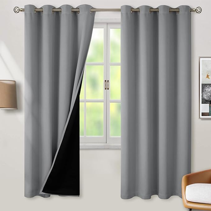 BGment Thermal Insulated 100% Blackout Curtains 72 Inch Length 2 Panels, Total Light Blocking Curtains for Bedroom, Grommet Window Drapes with Thick Black Liner, 52 Inch Wide Each Panel, Dove Grey
