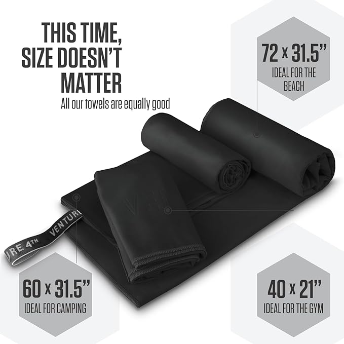 VENTURE 4TH - 4pcs Quick Dry Towels. Microfiber Travel Towels. Lightweight & Fast Drying Travel Towels for Body. Compact & Easy to Pack - 4 Pack Black Extra Large