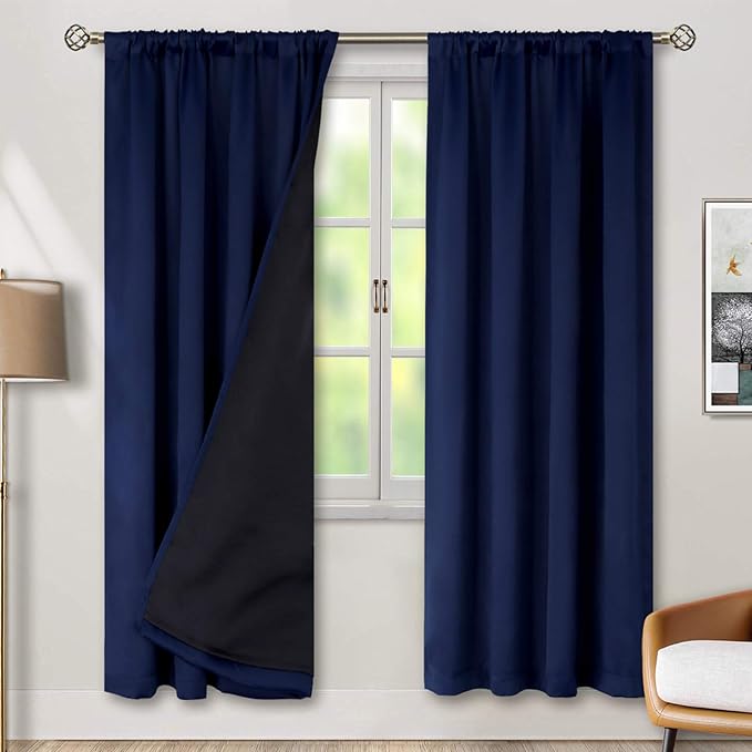 BGment Thermal Insulated Full Blackout Curtains for Living Room 84 Inch Length, Double Layer Room Darkening Noise Reducing Rod Pocket Curtains, 55 Inch Wide, Navy Blue, 2 Panels