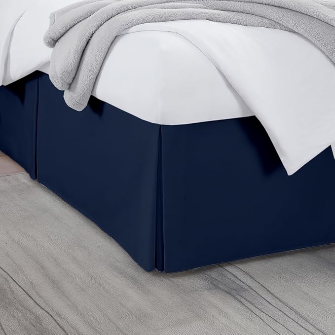 Twin Bed Skirt, Luxury 16 Inch Drop Navy Blue Pleated Bed Skirt, Double Brushed Microfiber, Box Pleat Design, Wrinkle & Fade Resistant, Easy Fit Tailored Bedskirt for Twin Size Beds