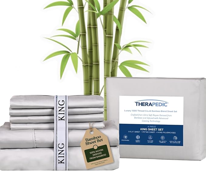Therapedic 1000TC King 6-Piece Sheet Set - 100% Organic Rayon Derived from Bamboo Blend with Cooling Fiber, Ideal for Hot Sleepers - 16" Deep Pocket Fitted Sheet, Bonus Pillowcases - Light Grey