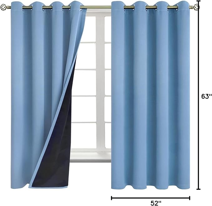 BGment Thermal Insulated 100% Blackout Curtains for Bedroom with Black Liner, Double Layer Full Room Darkening Noise Reducing Grommet Curtain (52 x 63 Inch, Denim Blue, 2 Panels)