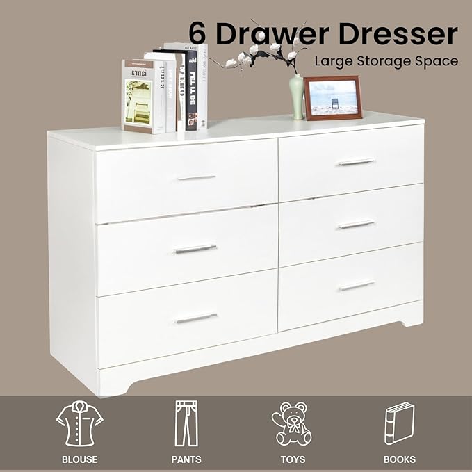 Karl home 6 Drawer Dresser, Wood White Vanity Drawer Cabinet, Bedroom Storage Cabinet TV Stand, Large Dresser Storage Chest with Deep Drawers, Bedroom Furniture