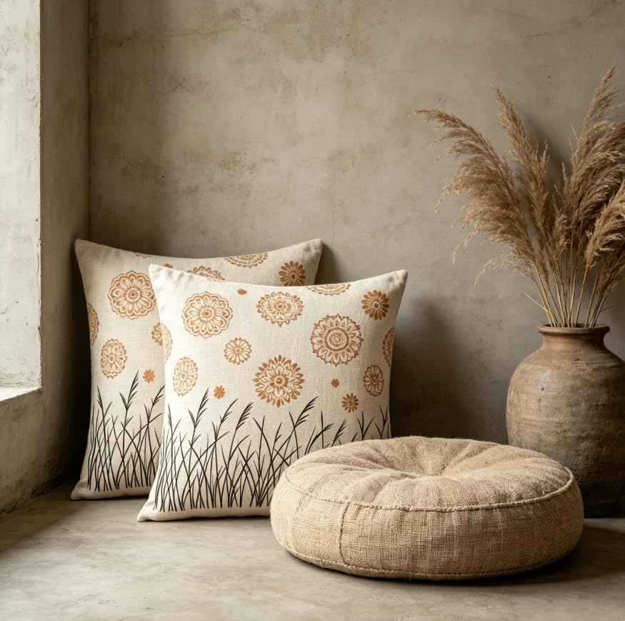 Boho Floral Reed Throw Pillow Covers Set of 2, 18x18 Inch - Image 5