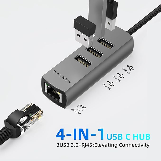 USB-C to Ethernet Adapter, WALNEW USBC to RJ45 LAN Adapter, Gigabit Cat Network Cable Converter to Type C Thunderbolt 3 for Mac,MacBook Pro/Air,Samsung Galaxy Tab (Ehternet+USB-A Port, USB-C)