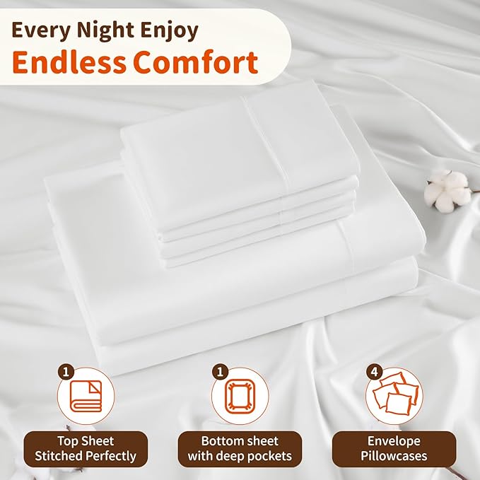 LBRO2M 1000 Thread Count 100% Egyptian Cotton Sheets Set 6 Piece Sets Queen Bed Sheet Deep Pocket Sheet Set 16" Soft Comfortable All Season (Queen, White)