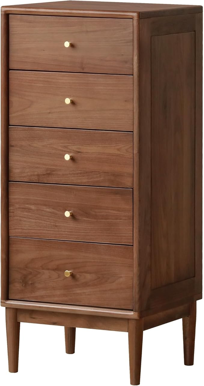Solid Walnut Nightstand, Solid Wood Dresser with Drawers, Mid Century 5 Drawer Dresser for Beroom, 39.69" Tall Dresser for Living Room, Wooden Side End Tables for Hallway