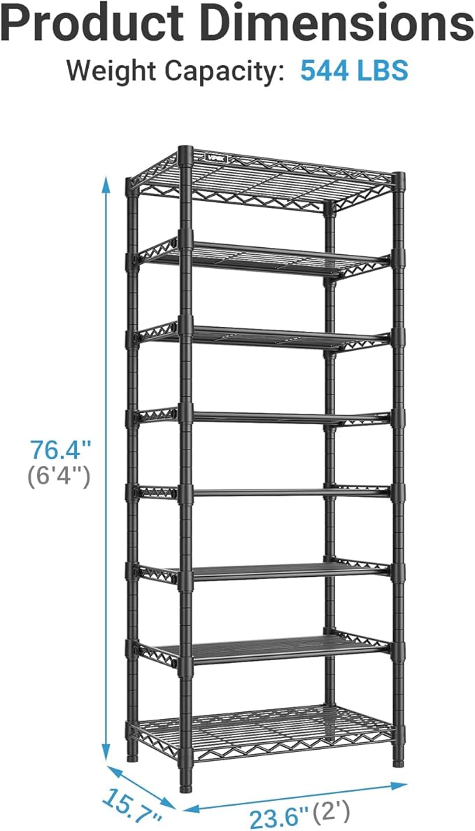 VIPEK S1 Shoe Rack, 8-Tier Metal Durable Shoe Organizer, Heavy Duty Large Capacity Up to 24 Pairs, Adjustable & Detachable Shoe Shelves for Entryway/Bedroom/Closet, Holds Up to 544 lbs, Black
