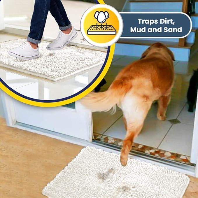 Muddy Mat® | Super Absorbent Door Mat Indoor, Microfiber Quick Dry Chenille Entryway Rug, Non-Slip Front Door Mat, Indoor Mats for Entryway, Machine Washable Pet Rug, White 24" x 72"