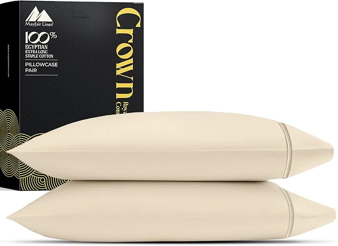 Mayfair Linen Standard Pillowcases Set of 2 - Luxury 2000 Series 100% Egyptian Cotton Standard/Queen Size Pillow Cases, Soft Cooling, Envelope Closure Hotel Quality Pillowcase (21 x 32, Ivory)