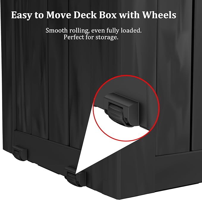 75 Gallon Outdoor Storage Box with Wheels, Waterproof Lockable Resin Deck Box Patio Storage Bin for Pool Accessories Cushion Furniture, Garden Tools, UV-Resistant Outside Delivery Black