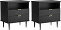 Nightstand with Charging Station, Wide Fluted Nightstand, Wood for Bedroom, Black Dresser with Storage Drawers, Bedside Table with Metal Handle & Leg (Black Set of 2, 23.3)