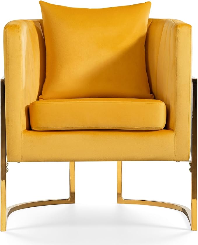 Velvet Modern Accent Chairs Set of 2, Upholstered Barrel Armchair Mid Century with Pillow for Living Room, Comfy Single Vanity Chair with Metal Gold Legs for Bedroom, Yellow