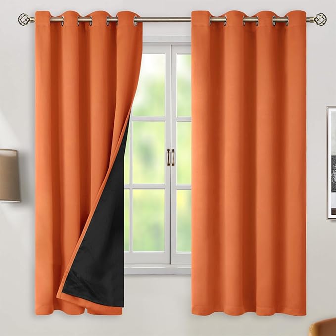 BGment Thermal Insulated 100% Blackout Curtains 63 Inch Length 2 Panels, Total Light Blocking Curtains for Bedroom, Grommet Window Drapes with Thick Black Liner, 52 Inch Wide Each Panel, Burnt Orange