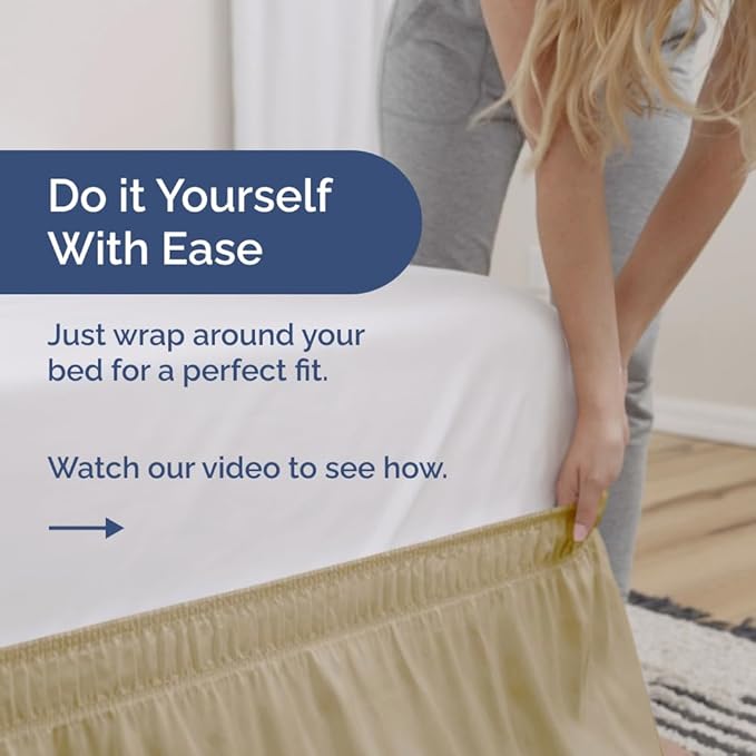 Wrap Around Dust Ruffle Bed Skirt - Beige - for Queen Size Beds with 24 Inch Drop - Easy Fit Elastic Strap - Adjustable Pleated Bedskirt w/Brushed Fabric - Wrinkle Free - for Women, Men, Kids & Teens