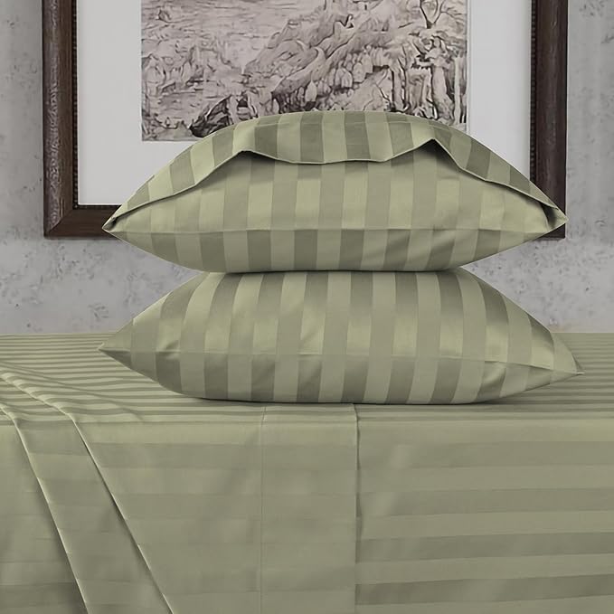 URBANHUT 800 Thread Count 100% Cotton Damask Queen Size Sheets, 4 Piece Striped Queen Size Bedsheets, Luxury Hotel Sheets Sateen Weave - Better Than Egyptian, 16" Elasticized Deep Pocket- Sage