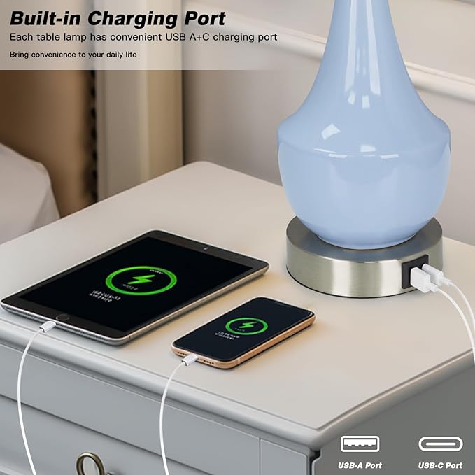 Modern Blue Table Lamp Set of 2, 24" Ceramic Table Lamp with USB A+C Ports,Classic Beside Lamps Nightstand Lamp Modern Lamp for Living Room, Bedroom & Office -LED Bulbs Included