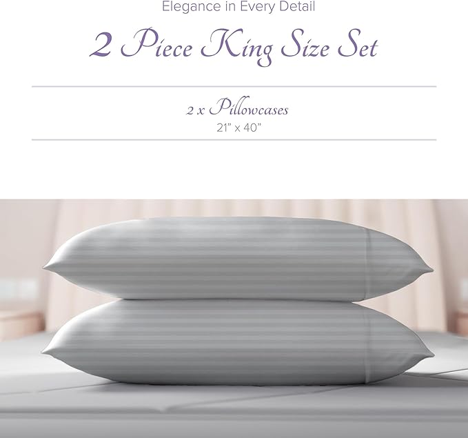 Carressa Linen 100% Egyptian Cotton King Size Pillow Cases Set of 2 - Luxury 600 Thread Count Stripe Silver King Pillowcases, Soft, Cooling Breathable Sateen Weave Hotel Quality Damask Pillow Cover