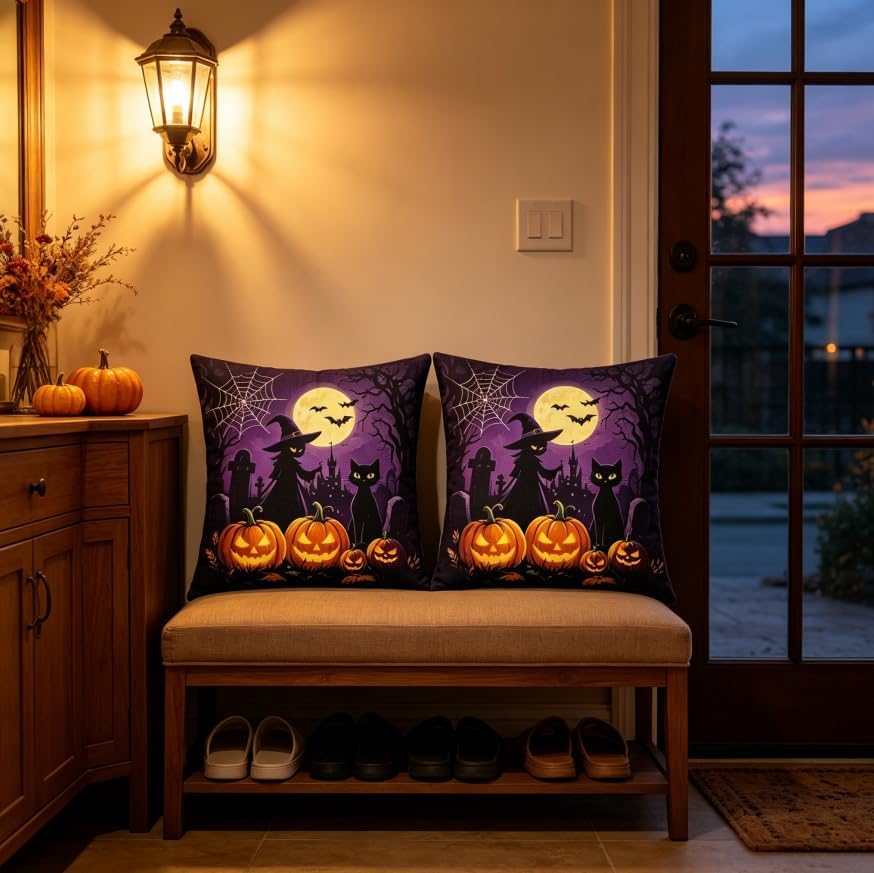 Halloween Throw Pillow Covers, Witch Pumpkin Bat Spider Web, 18x18 Inch - Image 2