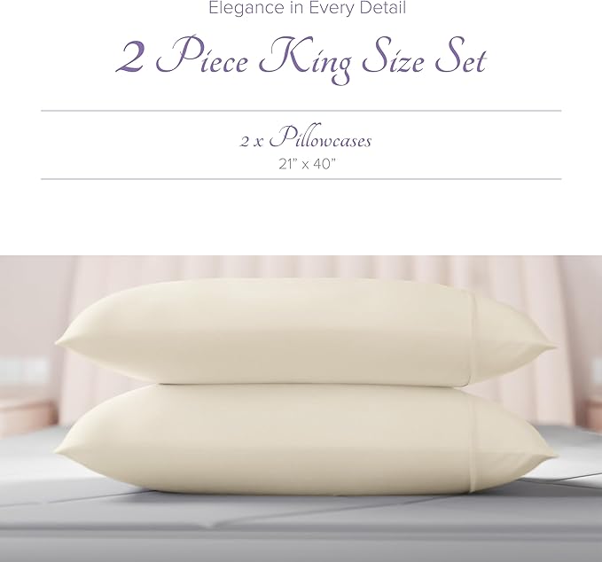 Carressa Linen 100% Egyptian Cotton King Size Pillow Cases Set of 2 - Luxury 600 Thread Count King Pillowcases (Ivory), Silky Soft, Cooling, Breathable Sateen Weave Hotel Quality Bed Pillow Cover