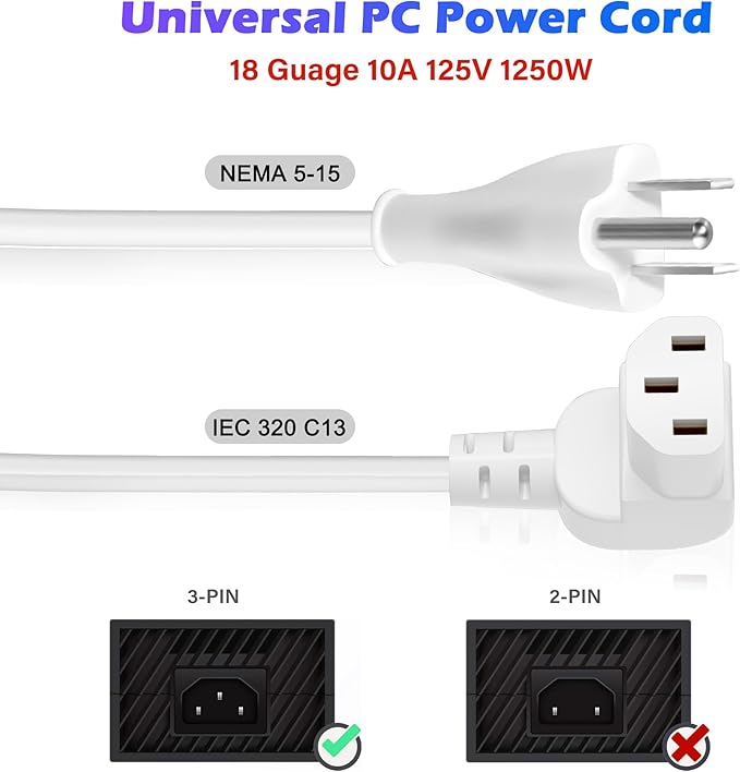 Adoreen 6 Ft Computer TV Replacement Power Cord White, 90 Degree Angled L-Shaped 18AWG 3-Prong AC Universal Power Supply Cable NEMA 5-15P to IEC 320 C13 for Printer, PC, Monitor TV LCD, ETL+Ties