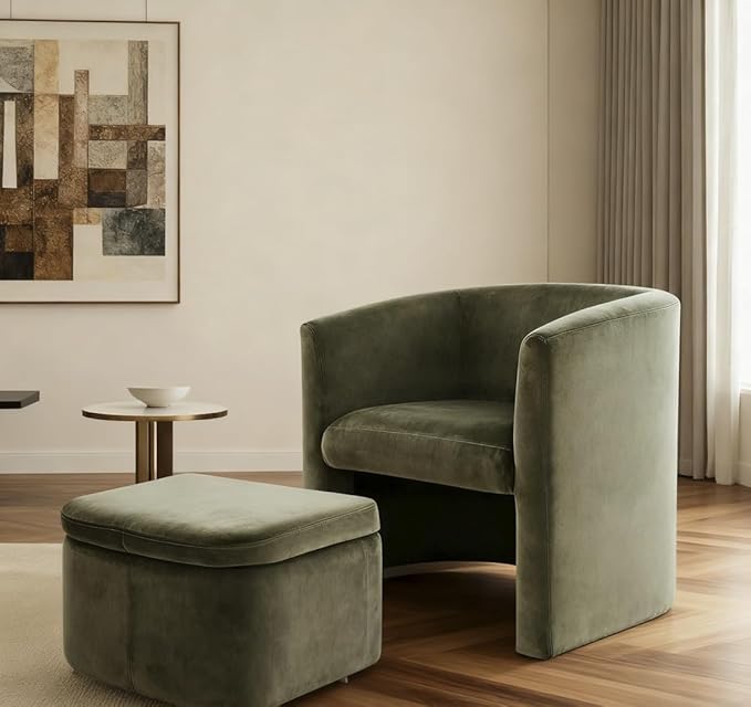 Mid-Century Velvet Living Room Chair with Storage Ottoman, Space-Saving Accent Chairs for Bedroom/Reading Spaces/Office, Green