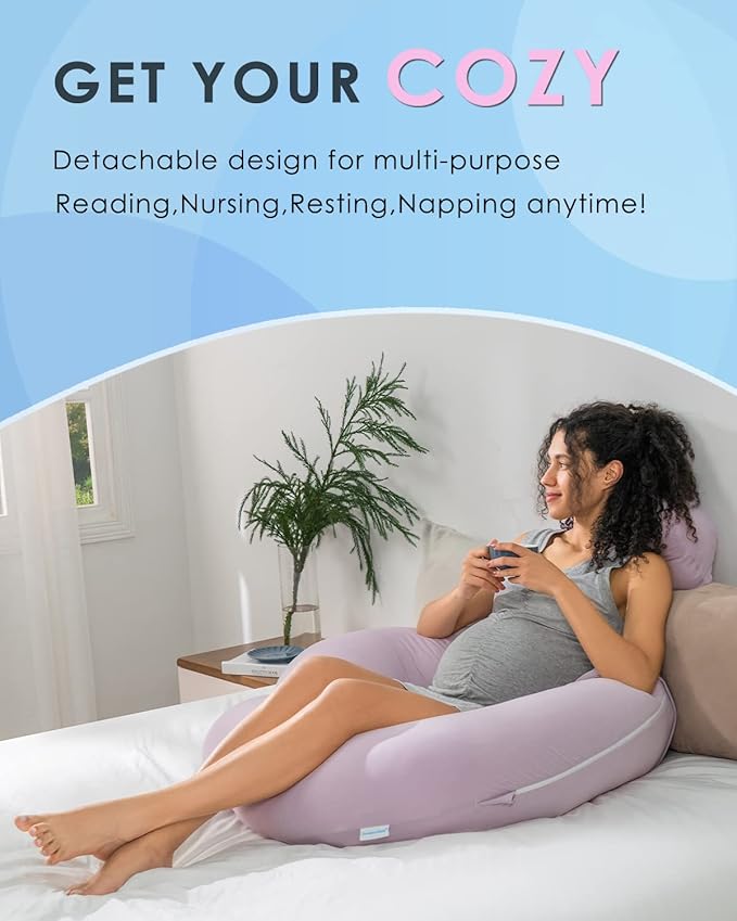 QUEEN ROSE Cooling Pregnancy Pillows,E Shaped Full Body Pillow for Sleeping, with Pregnancy Wedge Pillow for Belly Support, 60 Inch Maternity Pillow for Side Sleeper, Cooling Rayon Cover, Purple