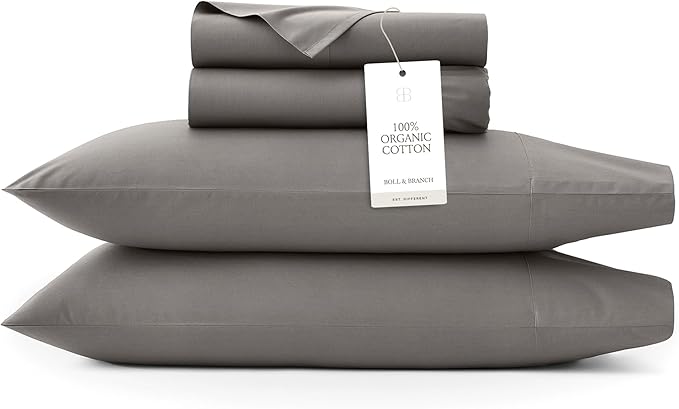 BOLL & BRANCH Signature Hemmed Sheet Set - Full, Stone - Luxury 100% Organic Cotton - Includes 1 Flat, 1 Fitted, 2 Pillowcases - Buttery Soft