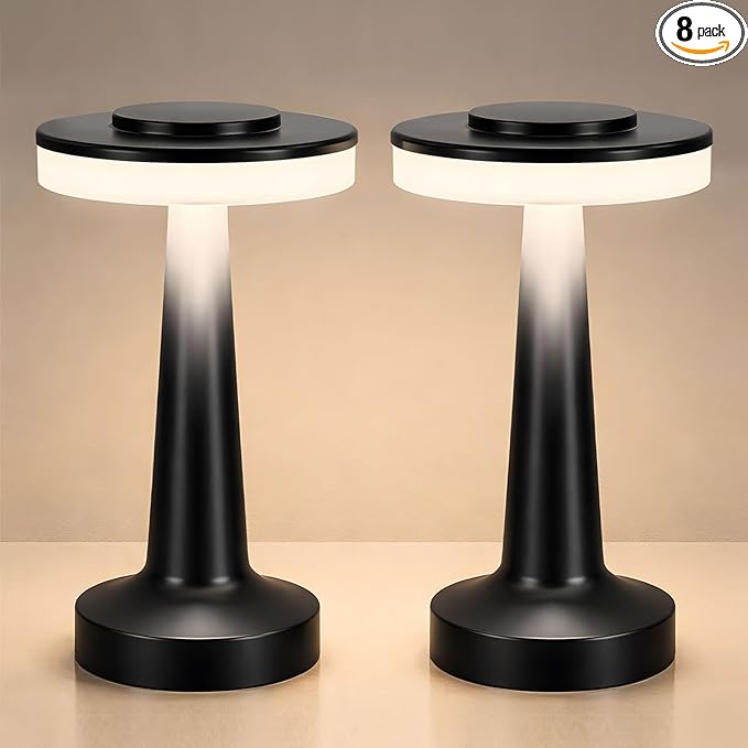 VIHOSE Cordless Table Lamps LED Portable Rechargeable Table Lamp with Touch Sensor 3 Color Dimming up to 15 Hours Battery Desk Light for Restaurant Nursery Living Room(Black,8 Pcs)