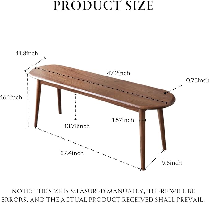 100% Solid Oak Dining Bench, Wood Bench for End of Bed with Rounded Corners, Entryway Benches for Farmhouse, Kitchen, Living Room(Walnut,12" L x 47.2" W x 16.2" H)