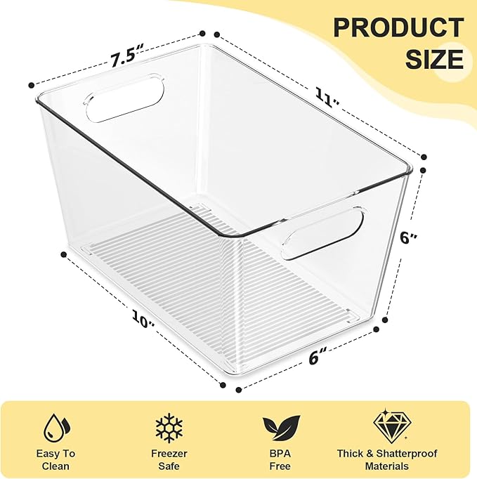 8 Pack Large Clear Plastic Storage Bins, Refrigerator Cabinet Organizers with Handles for Pantry Organization and storage, Perfect for Home Organization, Kitchen, Laundry, Office& Garage